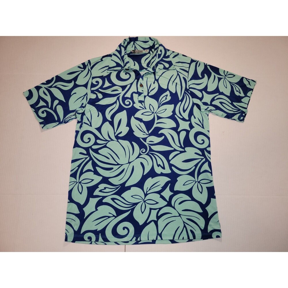 Iolani Hawaiian Blue Teal Leafs All Over Print AOP Golf Polo Mens Small USA Made